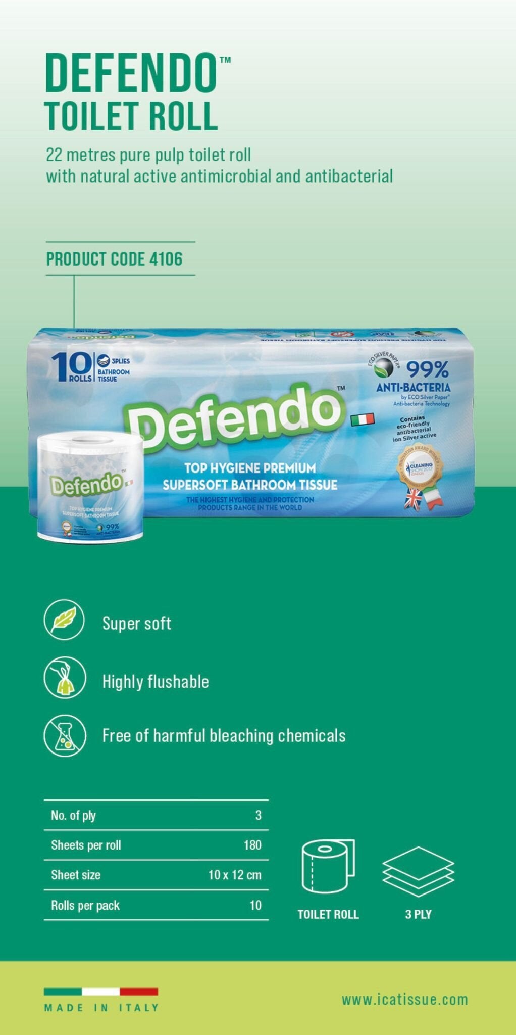 Defendo™ -  (意大利製造) ESP 銀離子殺滅病毒/細菌 3 層衛生卷紙10卷裝 { 6 條優惠裝}